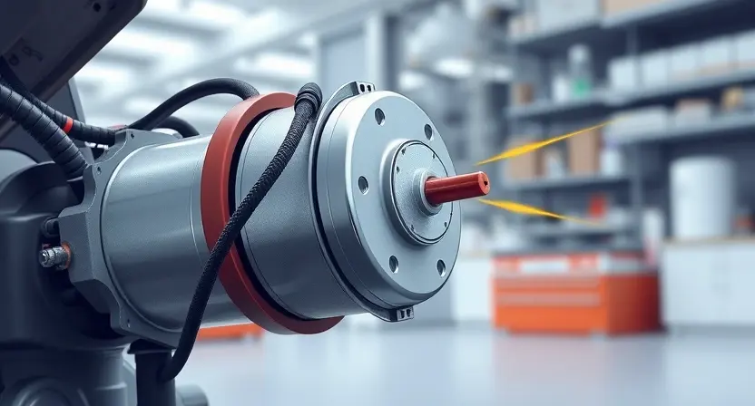A detailed illustration of an ABS pump motor with a visual representation of low voltage. The motor should be depicted with wires and components clearly visible. A small, subtle visual cue indicating low voltage (e.g., a faint flickering light, a slightly dimmed color) should be present. The background should be a clean, technical setting, possibly a workshop or laboratory.