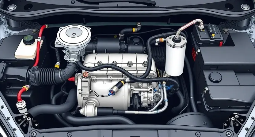 A detailed illustration of a car's fuel system, highlighting the fuel pump, fuel filter, fuel injectors, and fuel lines. The image should be clean and professional, showcasing the components clearly.