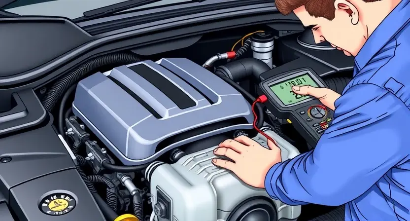 A close-up, detailed illustration of an engine bay with a mechanic inspecting the intake air temperature sensor. The sensor should be clearly visible, connected to wiring, and positioned near the intake manifold. Focus on the sensor and its immediate surroundings. The engine should be clean and well-maintained. The mechanic should be wearing professional attire and using diagnostic tools (e.g., a scan tool or multimeter) to check the sensor's readings. Emphasis on technical accuracy and clarity.