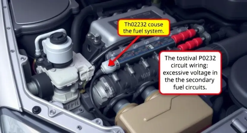 A detailed illustration of a car's engine bay, focusing on the fuel system. Show a fuel pump, fuel injectors, and the secondary circuit wiring. Highlight the potential cause of a P0232 code – excessive voltage in the secondary fuel circuit. Use realistic lighting and textures to depict the components.