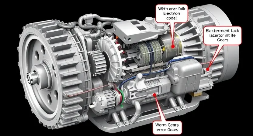 A detailed illustration of an automotive transmission system, showcasing both mechanical components (gears, shafts, etc.) and electrical components (sensors, wiring, control units). The image should highlight potential causes of the P2702 error code, such as worn gears, faulty sensors, or electrical connections. Focus on clarity and technical accuracy.