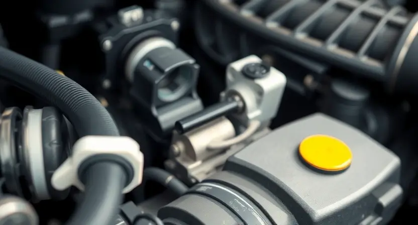 A close-up, detailed image of a car's engine bay, specifically focusing on the Mass Airflow Sensor (MAP sensor). The sensor should be clearly visible, along with some surrounding engine components like hoses and wires. The overall lighting should be bright and clean, highlighting the sensor's details. The background should be slightly blurred to emphasize the sensor. The image should convey a sense of technical precision and automotive repair.