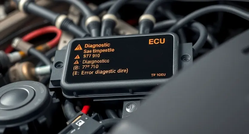 A close-up, detailed illustration of a car's engine control unit (ECU) with highlighted diagnostic error codes. Focus on the electronic components and wiring. The background should be blurred, suggesting a mechanic's workshop.
