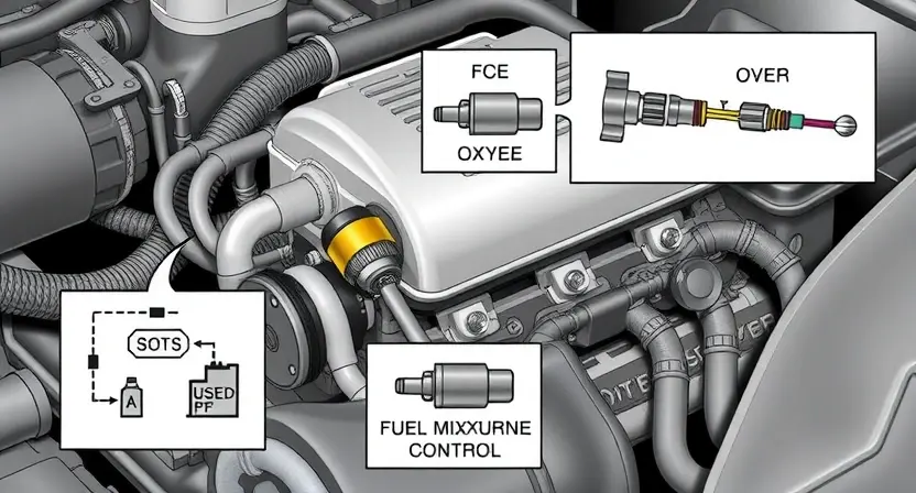 A detailed illustration of a fuel system with a focus on the oxygen sensor. The sensor should be clearly visible, connected to the engine and fuel lines. Include diagrams showing the sensor's location, wiring, and how it interacts with the engine control unit (ECU). The image should depict the sensor's function in measuring oxygen levels and its role in fuel mixture control.