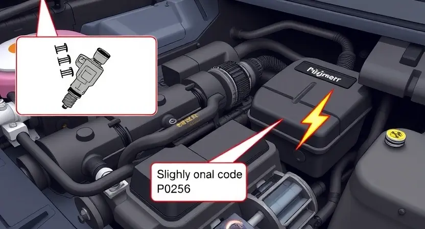 A detailed illustration of a car engine bay, focusing on the fuel injector and the engine control unit (ECU). The fuel injector should be clearly visible, with a diagram showing its connection to the fuel rail. The ECU should be depicted with its diagnostic port highlighted. The engine should be in a state of slight malfunction, with a visual representation of the P0256 error code (e.g., a flashing light or a symbol).