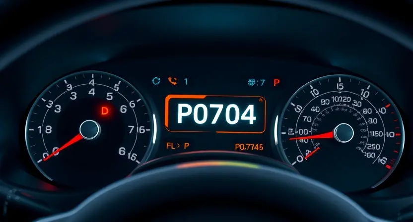 A detailed illustration of a car's dashboard showing a P0704 error code illuminated on the display. The dashboard should be brightly lit, with clear visual representation of the error code and surrounding gauges. Focus on the error code's appearance and its location on the dashboard.