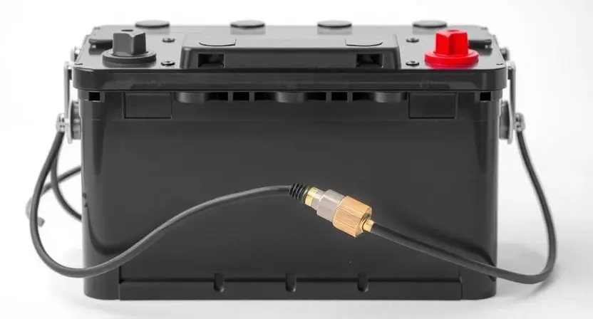 A high-voltage battery with a disconnected sensor wire. The battery should be realistically rendered, showing its components and connections. The disconnected wire should be clearly visible, indicating a break in the circuit. Focus on the battery and the wire connection.