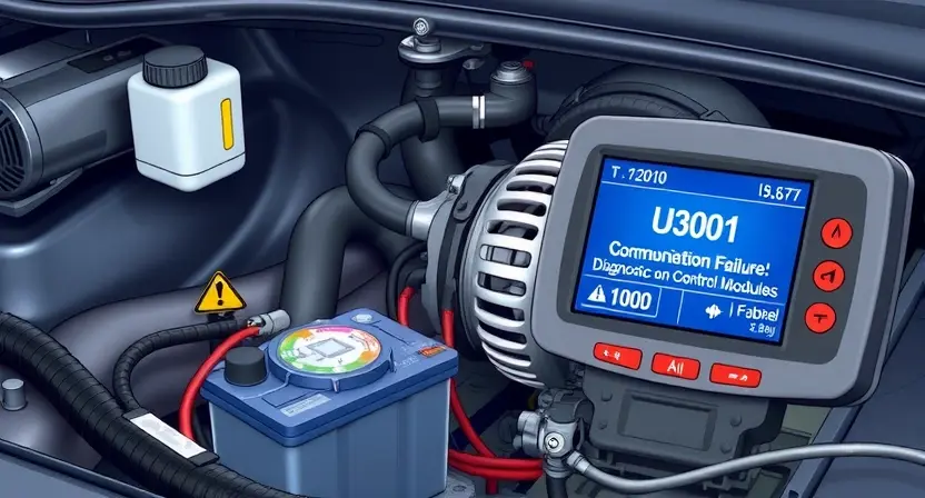 A detailed technical illustration showing a car's electrical system with focus on the battery and alternator, highlighting error code U3001 on a diagnostic scanner screen, with visible wiring, voltage readings, and warning symbols indicating communication failure between control modules, in a clean, professional automotive workshop setting with soft lighting and high detail