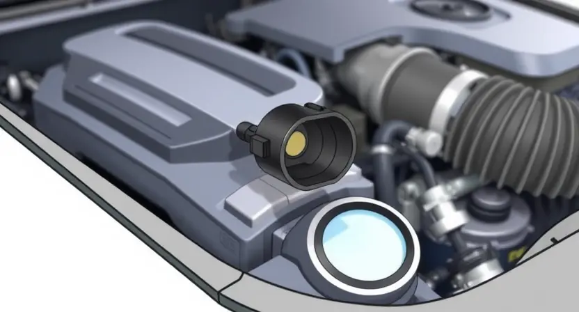 A close-up, detailed illustration of a car's engine bay, focusing on the mass airflow sensor (MAF sensor). The sensor should be clearly visible, with surrounding engine components subtly in focus. The overall lighting should be bright and clean, highlighting the sensor's details.