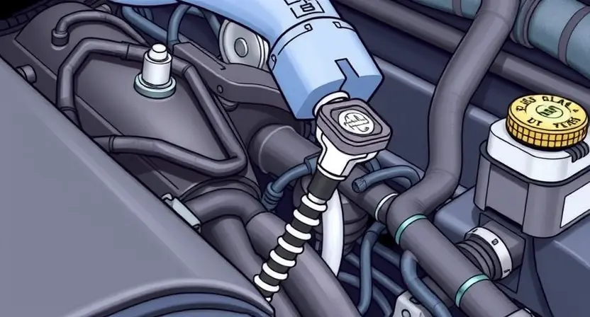 A close-up, detailed illustration of a car's engine bay, focusing on the throttle position sensor (TPS) and its wiring. The TPS should be clearly visible, along with the surrounding engine components like hoses and wires. The image should convey a sense of technical inspection and diagnostics. The overall lighting should be bright and even, highlighting the details of the sensor and wiring.