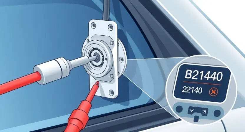 A close-up technical illustration of a glass breakage sensor installed on a car window, showing its internal components — piezoelectric element, wiring harness, and mounting bracket — with subtle diagnostic indicators like a multimeter probe touching a test point and a faint error code 'B2140' displayed on a nearby automotive scan tool screen, all rendered in a clean, professional automotive diagnostics style with soft blue and gray tones, no text or labels visible on the sensor itself