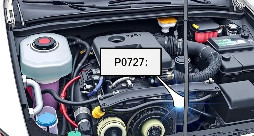 A detailed illustration of a car's engine bay, specifically highlighting the P0727 diagnostic trouble code light illuminated on the dashboard. The engine should be partially visible, showcasing various components like the intake manifold, exhaust system, and wiring. Focus on the code light and its surrounding area to emphasize the issue.