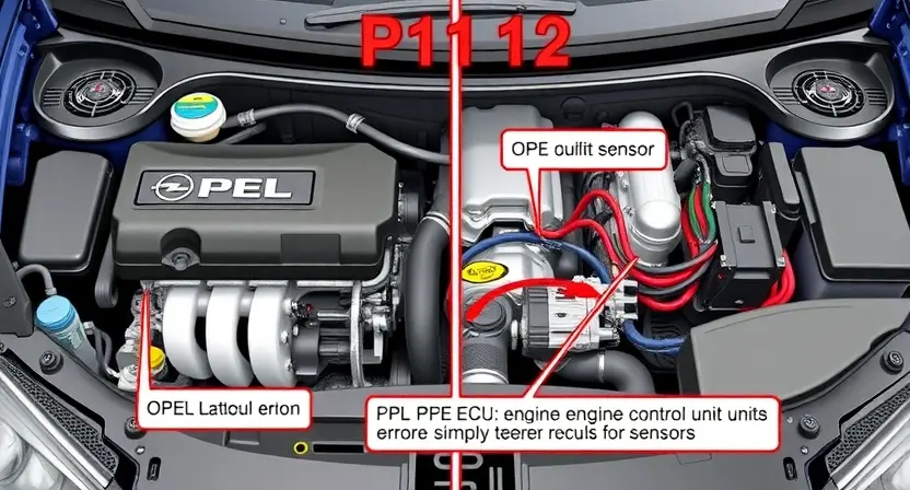 A detailed illustration of an Opel and a Chevrolet car engine bay, highlighting the relevant components related to the P1112 error. Focus on the engine control unit (ECU), sensors, and wiring. The image should convey a sense of technical precision and clarity, suitable for a repair manual.