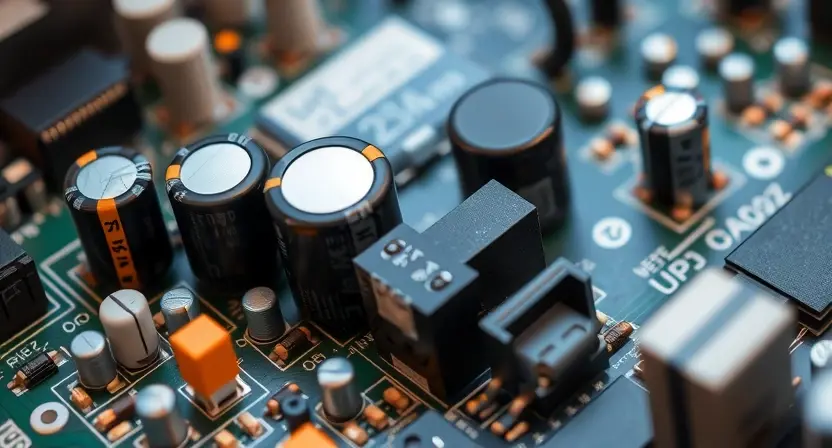 A close-up, detailed illustration of a high-voltage air conditioner compressor circuit board. Focus on the components related to error code U3025, highlighting potential points of failure like capacitors, resistors, and integrated circuits. Include subtle visual cues suggesting electrical activity, such as faint glows or energy flows. The background should be blurred to emphasize the circuit board.