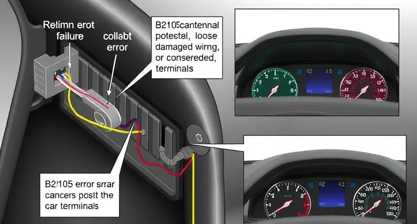A detailed illustration of a car's antenna circuit, focusing on the wiring and connections. Show potential points of failure like loose connections, damaged wires, or corroded terminals. Include a visual representation of the B2105 error code displayed on a car's dashboard.