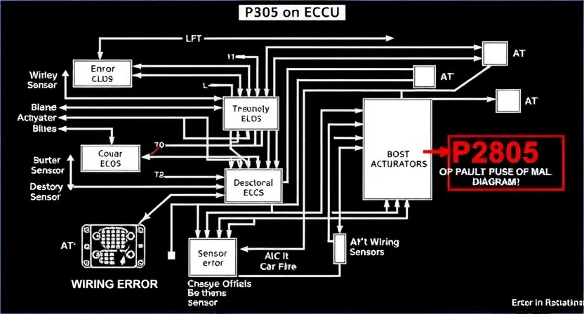 A detailed schematic diagram illustrating the P2805 error code in a vehicle's engine control unit (ECU). The diagram should show the relevant sensors, actuators, and wiring related to the error. Include visual cues indicating the cause of the error, such as a faulty sensor or a wiring issue.