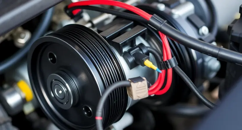A close-up, detailed image of an automotive air conditioning compressor and its associated wiring harness. The compressor should be clearly visible, showing its physical components like the pulley, clutch, and connections. The wiring should be neatly organized and connected to the compressor. Focus on the electrical connections and potential points of failure. The background should be blurred to emphasize the compressor.