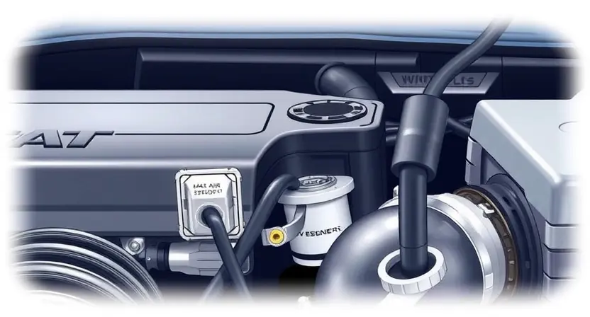 A close-up illustration of a car engine bay, highlighting the mass airflow sensor and its wiring. The sensor should be clearly visible, with wires connected to it. Focus on the sensor's physical appearance and its connection to the engine. The background should be slightly blurred to emphasize the sensor.