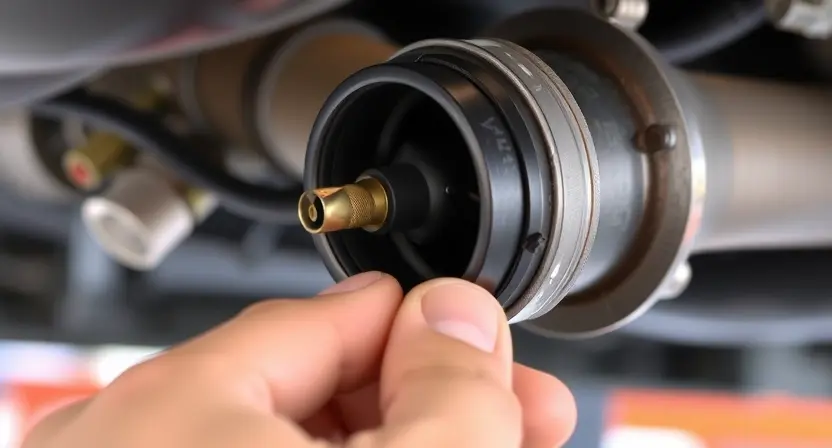 A close-up, detailed image of an oxygen sensor being removed from a car exhaust manifold. The sensor should be clearly visible, along with the surrounding metal components. Focus on the sensor's wiring and connection points. The background should be a slightly blurred automotive workshop environment.