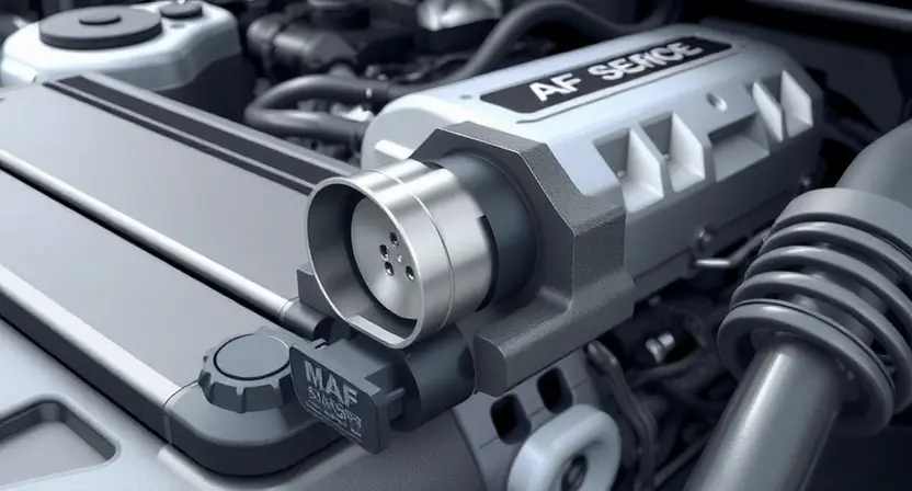 A close-up, detailed illustration of a car's engine bay, specifically highlighting the mass airflow sensor (MAF sensor). The sensor should be clearly visible, with surrounding engine components subtly in focus. The overall lighting should be bright and clean, emphasizing the sensor's details. Focus on the sensor's physical appearance and its connection to the intake manifold.