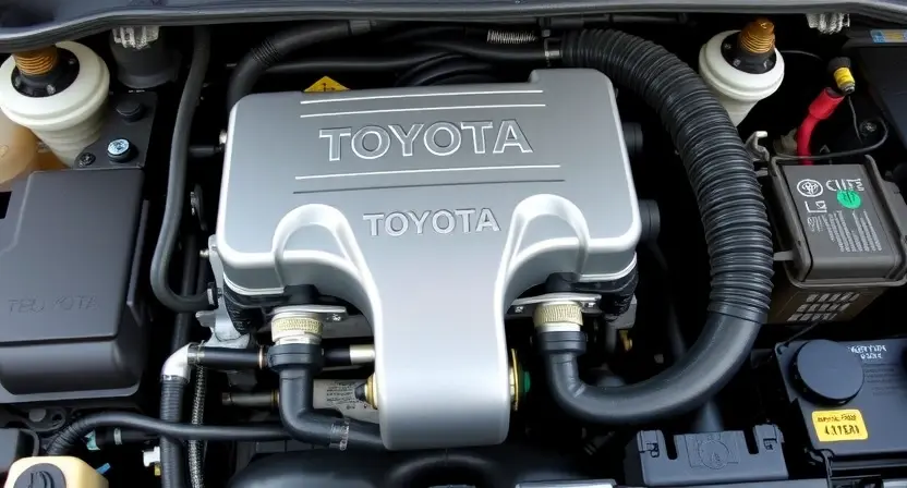 A close-up shot of a Toyota engine bay, focusing on the ignition coils and wiring. The engine should be clean and well-maintained. Highlight the components related to the P1300 error code, such as the coils and their connections.