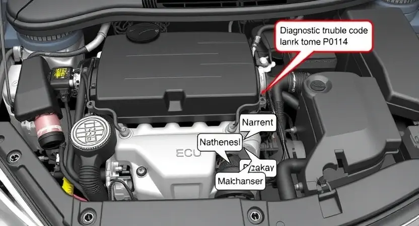 A close-up, detailed illustration of a car's engine bay. Focus on the engine control unit (ECU) and related sensors, highlighting potential areas of malfunction. Include visual cues representing diagnostic trouble code P0114, such as a subtle warning light or a graphical representation of the coolant temperature sensor. The overall aesthetic should be clean and informative, suitable for a technical guide.