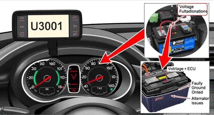A detailed technical illustration showing a car's onboard diagnostic system displaying error code U3001 on a digital dashboard screen, with close-up views of wiring harnesses, battery terminals, and ECU components, annotated with arrows and labels indicating common causes like voltage fluctuations, faulty ground connections, or alternator issues, in a clean, professional automotive repair manual style