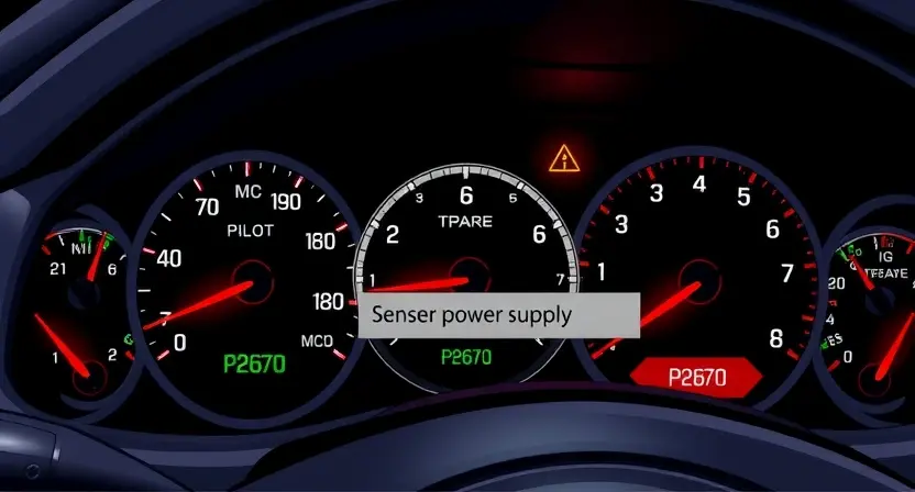 A detailed illustration of a car's dashboard with a warning light illuminated, specifically the 'sensor power supply' indicator. The dashboard should show various gauges and controls, with a close-up on the area where the P2670 error code would be displayed. The overall color scheme should be realistic and automotive-focused.
