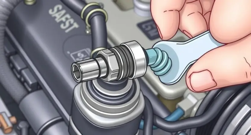 A close-up, detailed illustration of an engine coolant temperature sensor being removed from an engine block. The sensor should be clearly visible, along with the surrounding engine components like hoses and wiring. Focus on the sensor's connection point and the tools being used for removal (e.g., wrench, socket). The background should be a slightly blurred engine bay environment. The image should convey a sense of technical precision and diagnostic work.