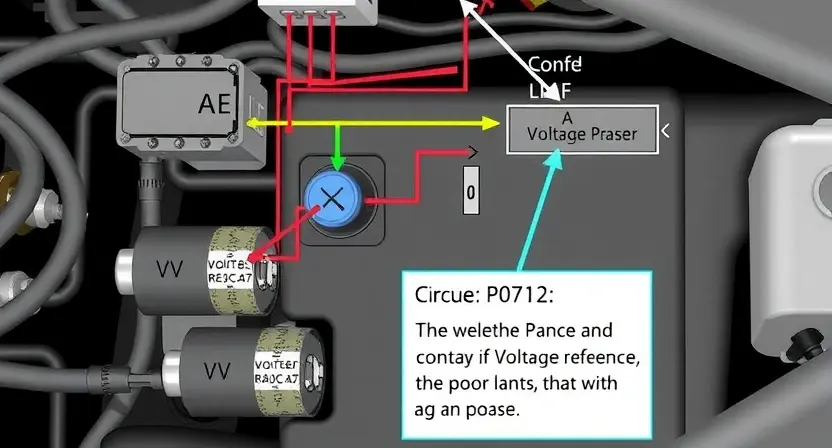 A detailed illustration of an automotive electrical system schematic, focusing on the voltage reference circuit. Include components like voltage regulators, capacitors, and wiring. Highlight the P0712 error code and its meaning in the context of the circuit.