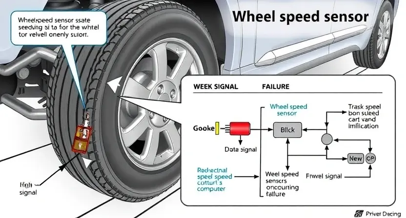 A detailed illustration of a car's drivetrain system, specifically highlighting the wheel speed sensors and their connection to the vehicle's computer. Show a close-up of a wheel speed sensor and its wiring, with a visual representation of a weak signal or broken connection. Include a schematic overlay showing the data flow and potential points of failure. The background should be a clean, technical environment.