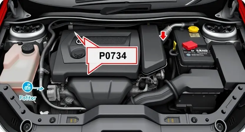 A detailed illustration of a car's engine bay, highlighting the location of the P0734 diagnostic code indicator. Focus on the dashboard area where the code is displayed, with clear visual cues representing the engine's operation and potential causes of the code.