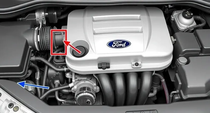 A detailed illustration of a Ford vehicle's engine bay, highlighting the location of the Engine Coolant Temperature (ECT) sensor. The sensor should be clearly visible, with arrows pointing to its connection points and the surrounding engine components. Focus on the sensor's physical appearance and its integration within the engine system.