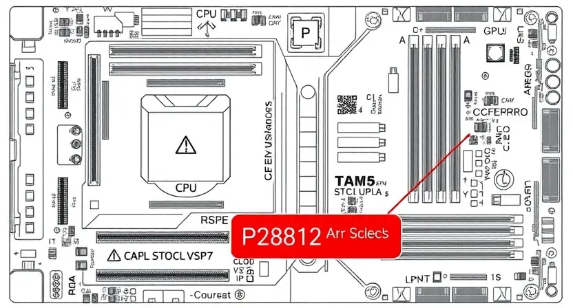 A detailed schematic diagram of a computer motherboard with a highlighted area indicating a potential P2812 error. The diagram should show components like CPU, RAM, GPU, and chipset. The highlighted area should be a red rectangle with a warning symbol.