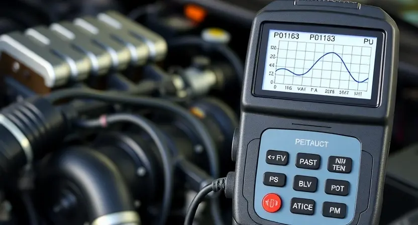 A detailed automotive engine bay view showing a car's diagnostic scanner connected to a vehicle's OBD-II port. The scanner's display should show the P0163 code and a graph illustrating low voltage in the circuit. Focus on the technical aspects of the diagnostic process.