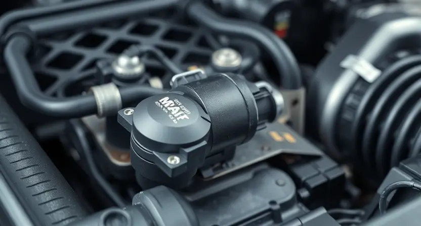A close-up, detailed illustration of a car's engine bay. Focus on the mass airflow sensor (MAF sensor) and its surrounding components. The sensor should be clearly visible, with wires and hoses connected. The overall lighting should be bright and clean, highlighting the sensor's details. The background should be slightly blurred to emphasize the sensor.