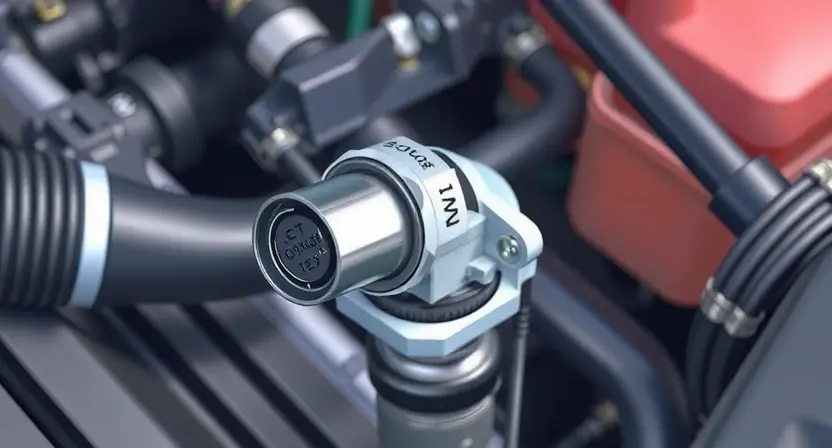 A close-up, detailed illustration of an engine bay with a focus on the Engine Coolant Temperature (ECT) sensor. The sensor should be clearly visible, along with surrounding engine components like hoses and wires. The overall lighting should be bright and clean, emphasizing the sensor's physical appearance. The background should be slightly blurred to keep the focus on the sensor.