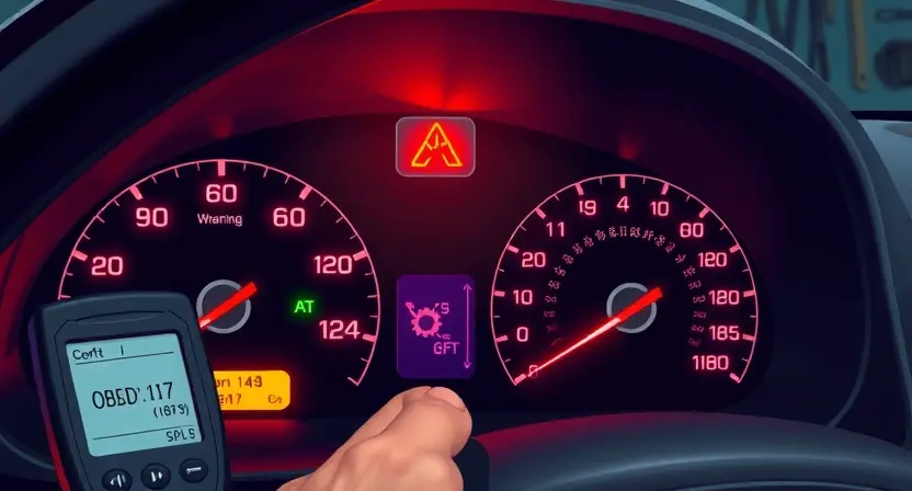 A detailed illustration of a car dashboard with various warning lights illuminated, specifically highlighting the check engine light. The scene should include a mechanic using a diagnostic tool connected to the car's OBD-II port, with a focus on the diagnostic process. The background should show a well-lit garage with tools and equipment neatly arranged.
