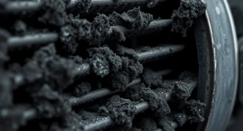 A close-up, detailed illustration of a diesel particulate filter (DPF) clogged with black soot. The image should highlight the accumulation of ash and carbon deposits within the filter's structure. Focus on the texture and density of the soot.