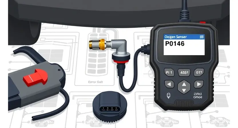 A high-quality technical illustration showing a car's oxygen sensor connected to an OBD2 scanner, with a clear error code P0146 displayed on the scanner screen, surrounded by automotive diagnostic tools and wiring diagrams, clean technical background