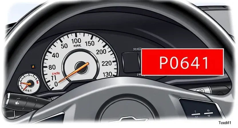 A detailed illustration of a car's dashboard with a diagnostic light illuminated, specifically the P0641 code indicator. The dashboard should show various gauges and warning lights, with the P0641 light highlighted in red. The car's interior should be realistically depicted, showing the steering wheel, seats, and other components.