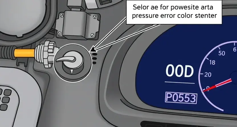 A detailed illustration of a car's power steering system with a highlighted pressure sensor and a diagnostic error code P0553 displayed on a dashboard. The image should be clean and informative, focusing on the sensor and the error code.
