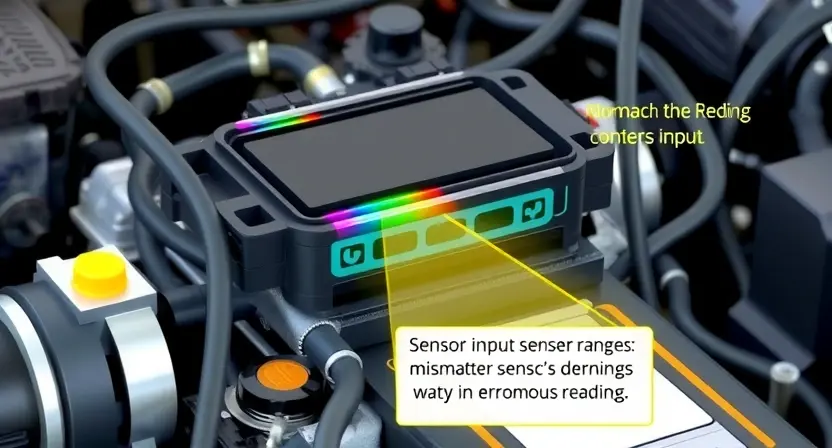 A close-up, detailed illustration of an engine control unit (ECU) with highlighted sensor connections. Focus on the sensor input and output signals, visually representing a mismatch in the sensor range. Use color coding to differentiate between normal and erroneous readings. The background should be a clean, technical environment.