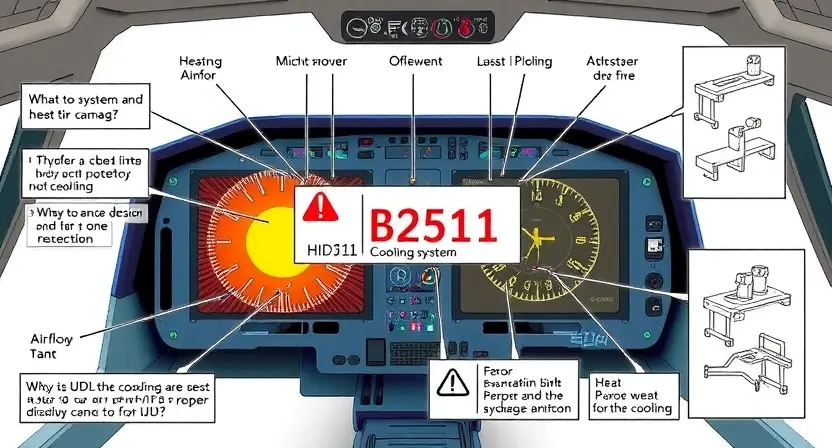 A detailed illustration of a projection display HUD system experiencing a B2511 error. The image should depict internal components of the HUD, highlighting a cooling system malfunction. Focus on visual representations of heat, airflow, and potential damage to the cooling mechanisms. Include schematic diagrams and visual indicators of the error.