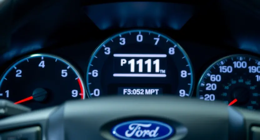 A close-up shot of a Ford vehicle's dashboard, highlighting the instrument cluster and specifically focusing on a warning light or indicator displaying 'P1111'. The background should be slightly blurred to emphasize the dashboard. The overall lighting should be realistic and automotive-focused.