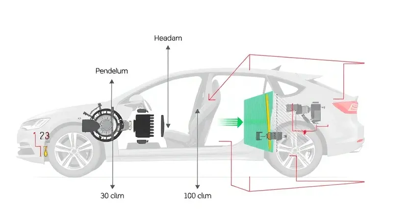 A detailed technical illustration of a vehicle tilt sensor (inclination sensor) installed in a car's chassis, showing its internal components like a pendulum mechanism or MEMS accelerometer, with labeled parts and arrows indicating direction of tilt. The background is a clean, neutral gray with subtle circuit diagram overlays. No text, letters, or digits appear in the image.