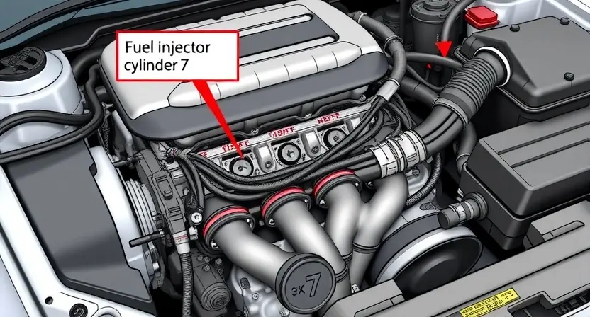 A detailed illustration of an engine bay with a focus on the fuel injector circuit for cylinder 7. Show the injector, wiring harness, and relevant sensors. The engine should be partially visible, suggesting a car engine.
