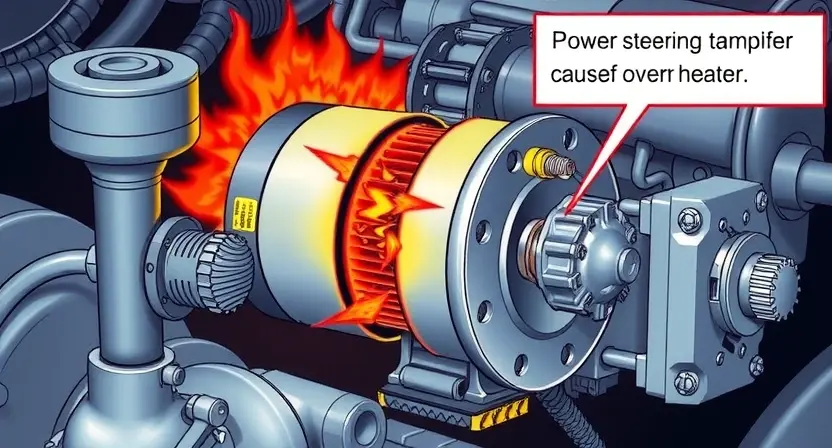 A detailed illustration depicting an electric motor overheating, with visible signs of thermal stress like discoloration and potential damage. The motor should be shown within a complex system, possibly part of a power steering amplifier, highlighting the motor's role. Include visual cues indicating the cause of overheating, such as excessive load or inadequate cooling.