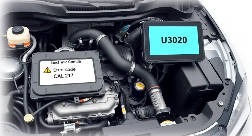 A professional technical illustration showing a car engine bay with a highlighted electronic control module (ECM) and wiring harness, displaying an error code U3020 on a diagnostic screen, clean white background, high detail, no text or numbers on the image