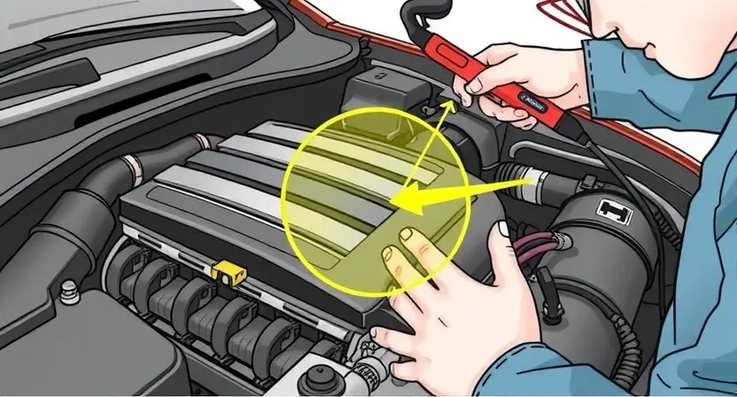 A detailed illustration of a car engine with a highlighted section indicating a potential issue, such as a faulty ignition coil or spark plug. The image should show a mechanic using diagnostic tools to identify the problem, with a focus on the technical aspects of troubleshooting.